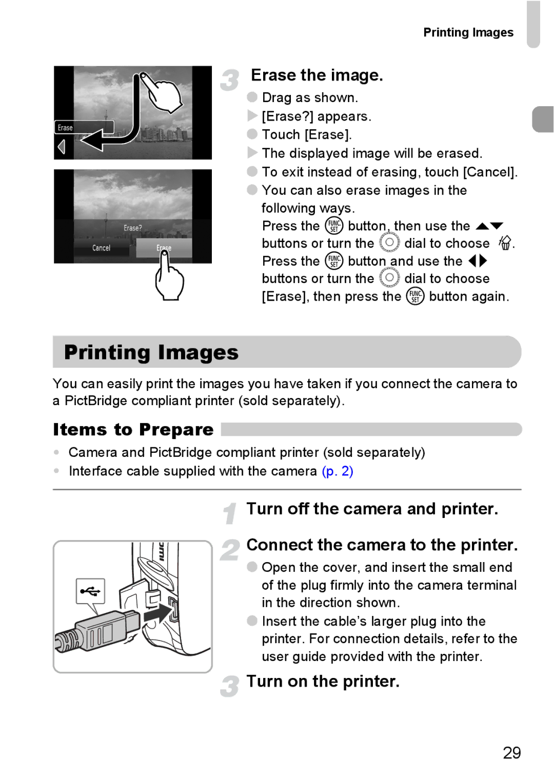 Canon 200 IS manual Printing Images, Items to Prepare, Erase the image, Turn on the printer 