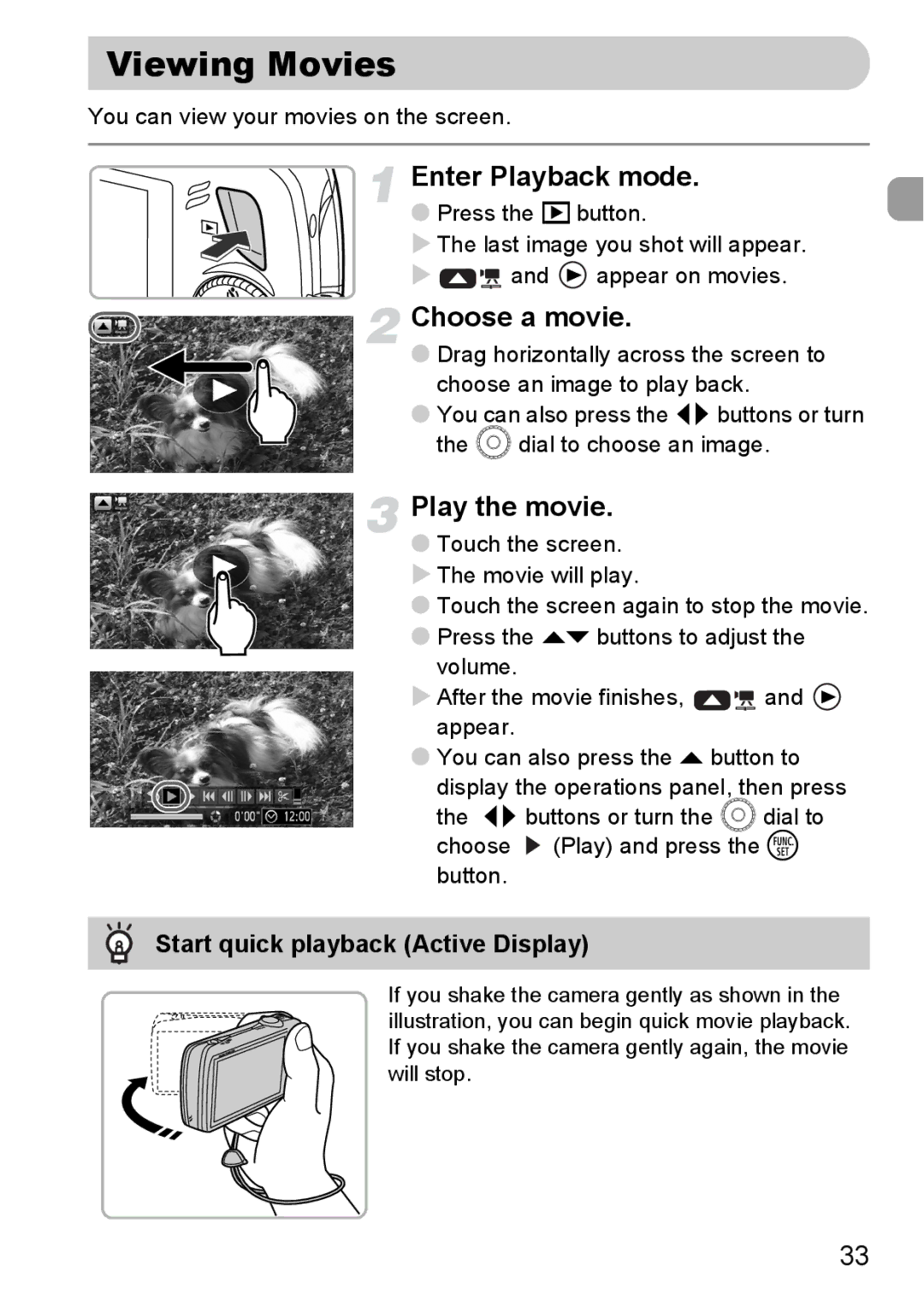 Canon 200 IS manual Viewing Movies, Choose a movie, Play the movie, Start quick playback Active Display 