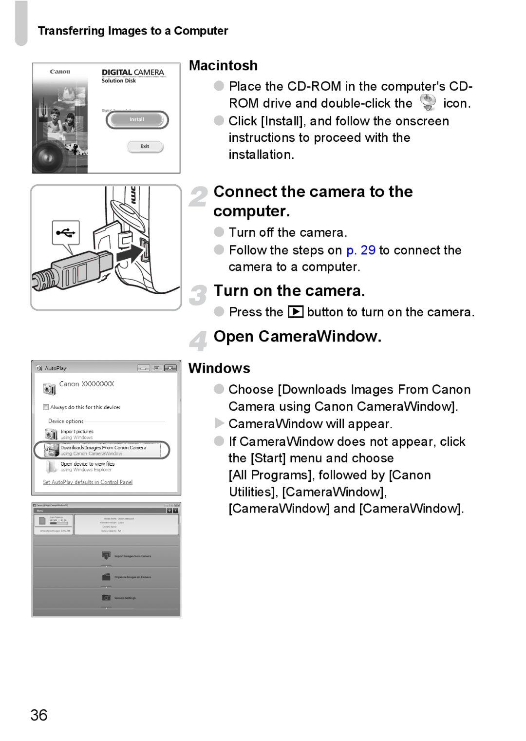 Canon 200 IS manual Connect the camera to the computer, Open CameraWindow, Macintosh, Windows 