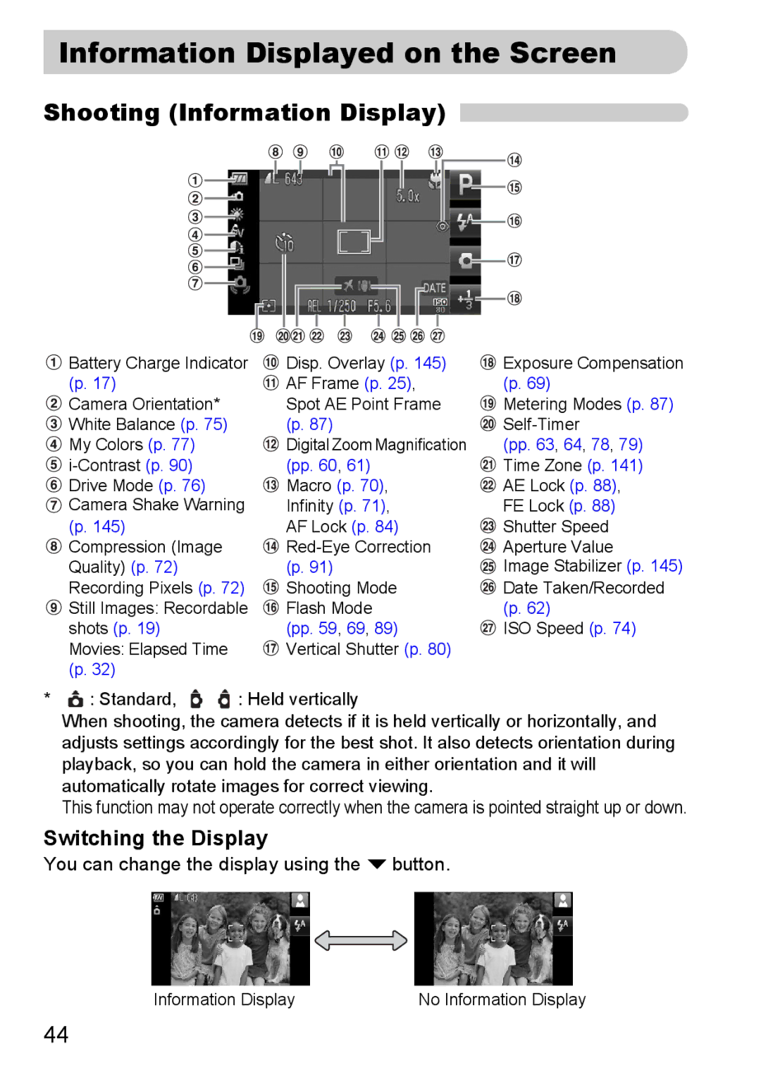 Canon 200 IS manual Information Displayed on the Screen, Shooting Information Display, Switching the Display 