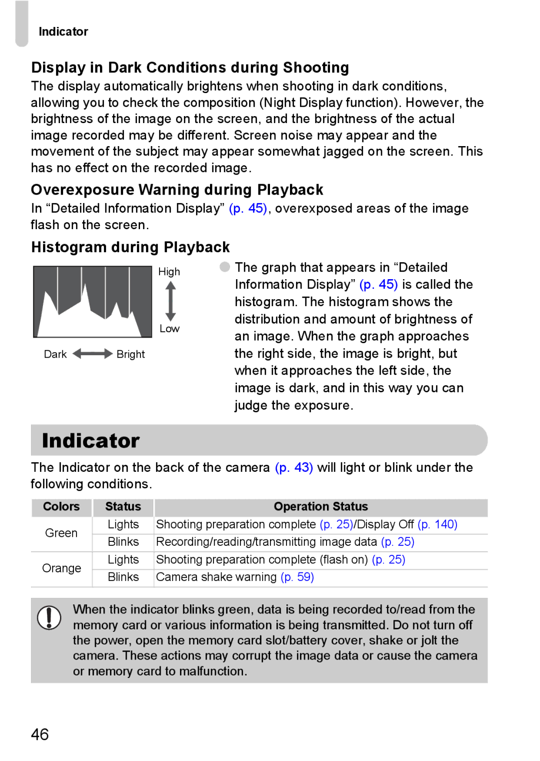 Canon 200 IS manual Indicator, Display in Dark Conditions during Shooting, Overexposure Warning during Playback 