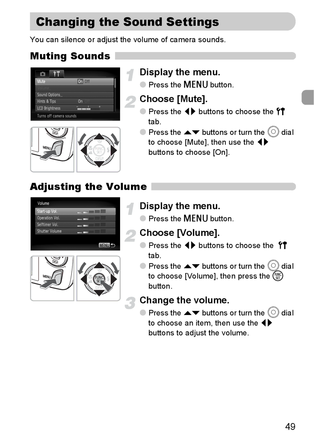 Canon 200 IS manual Changing the Sound Settings, Muting Sounds, Adjusting the Volume 