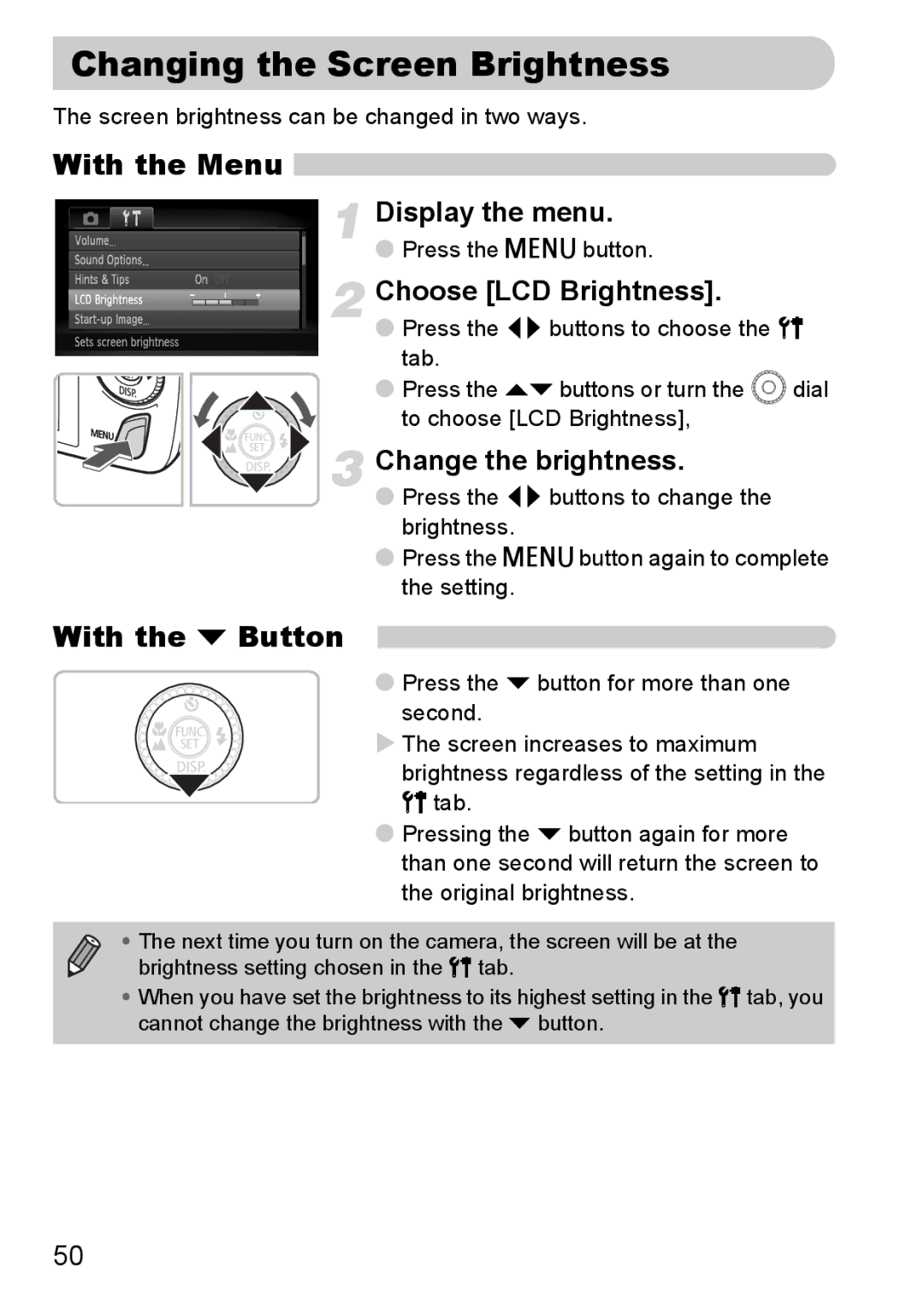 Canon 200 IS manual Changing the Screen Brightness, With the Menu, With the p Button, Choose LCD Brightness 