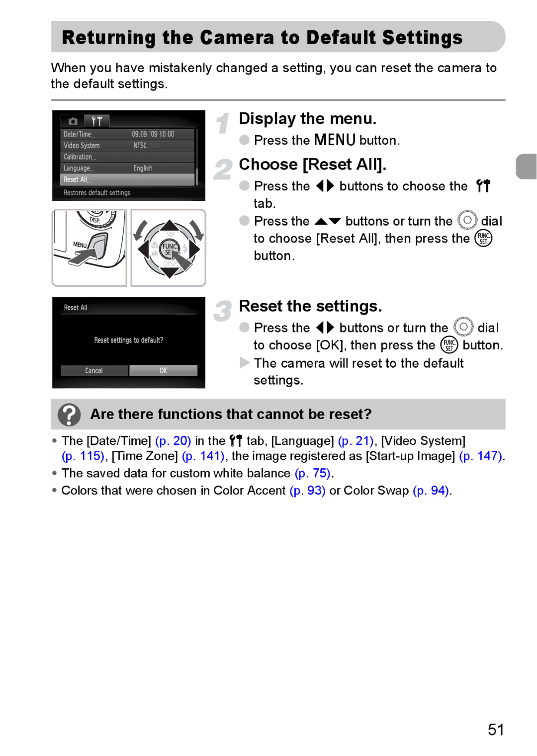 Canon 200 IS manual Returning the Camera to Default Settings, Choose Reset All, Reset the settings 