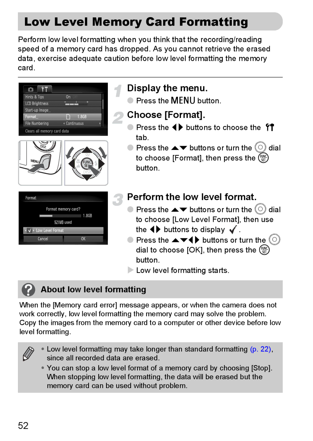 Canon 200 IS manual Low Level Memory Card Formatting, Perform the low level format, About low level formatting 