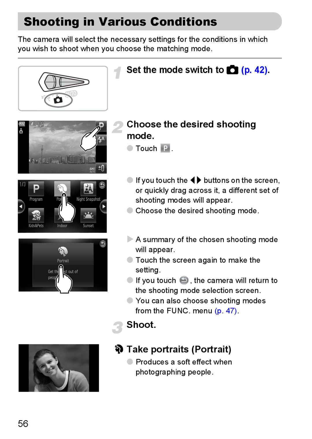 Canon 200 IS manual Shooting in Various Conditions, Set the mode switch to 4 p Choose the desired shooting mode 