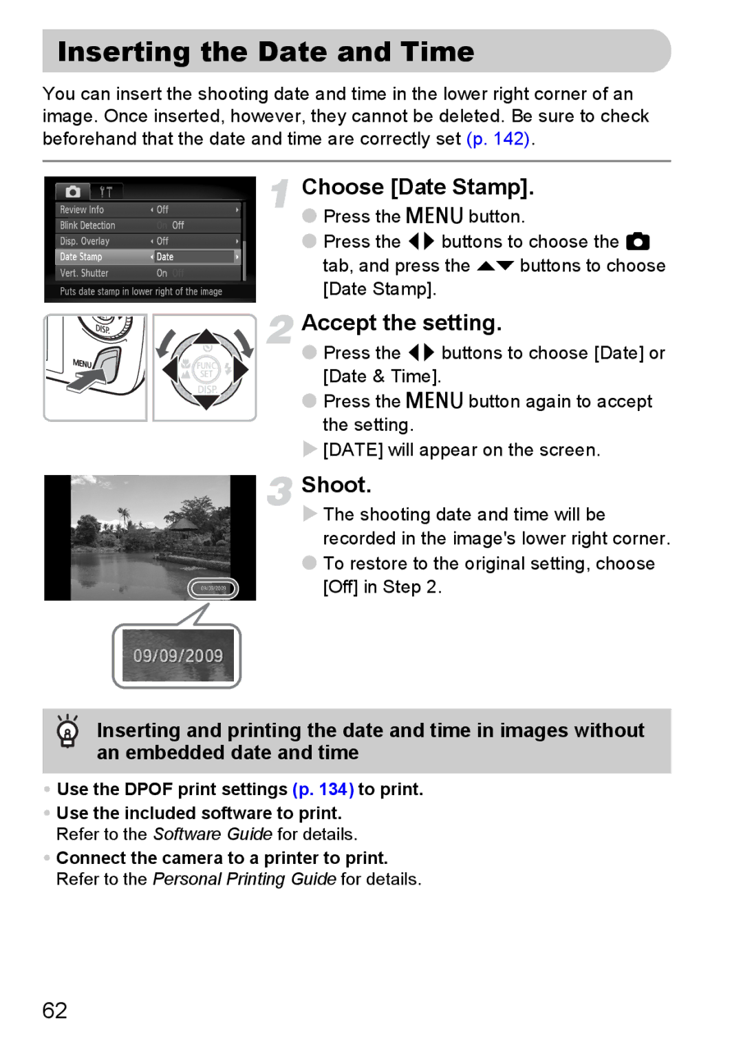 Canon 200 IS manual Inserting the Date and Time, Choose Date Stamp 