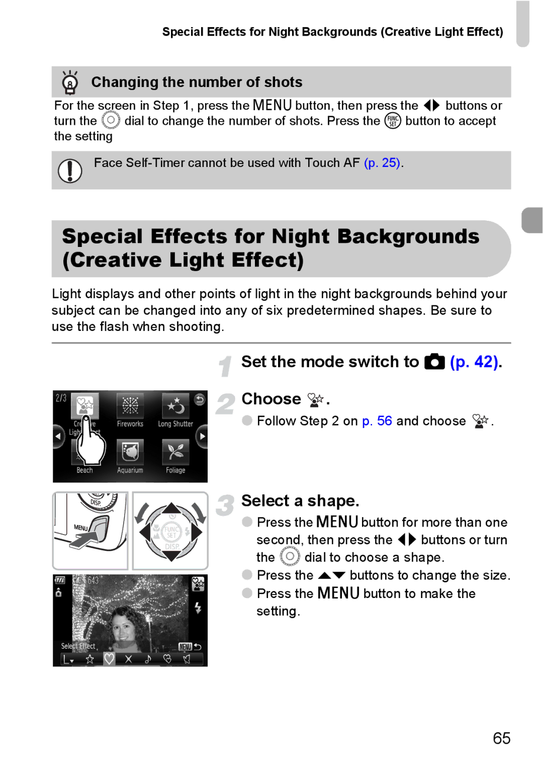 Canon 200 IS manual Special Effects for Night Backgrounds Creative Light Effect, Set the mode switch to 4 p Choose 