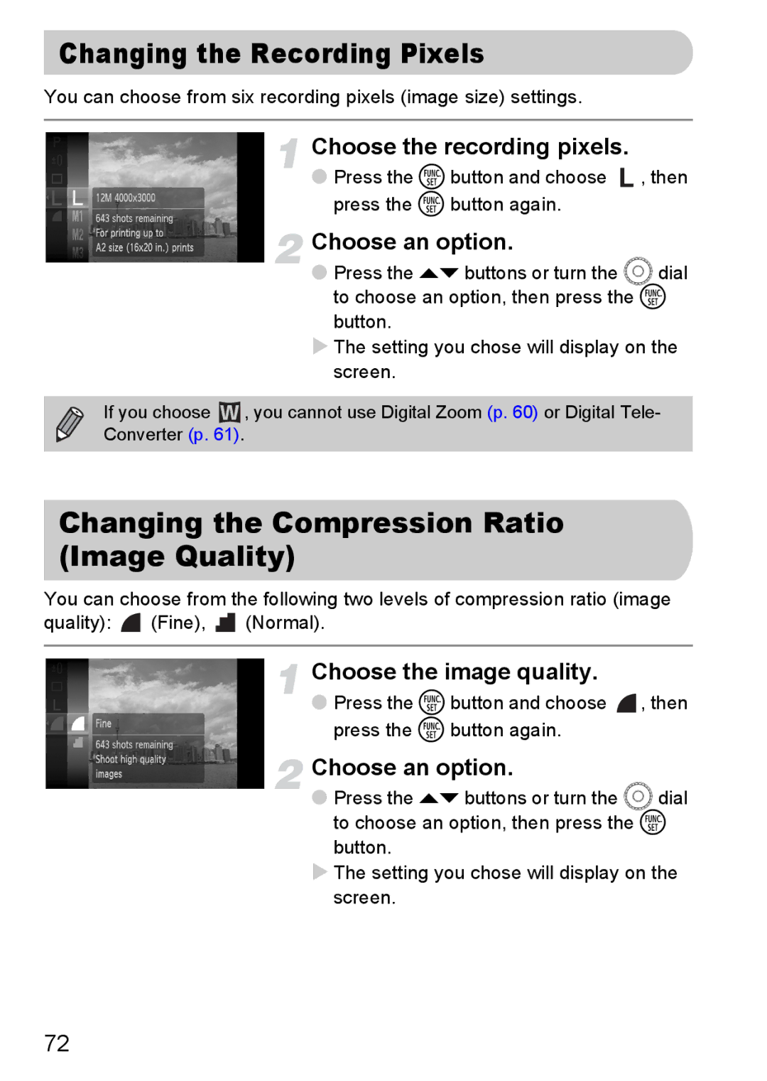 Canon 200 IS Changing the Recording Pixels, Changing the Compression Ratio Image Quality, Choose the recording pixels 