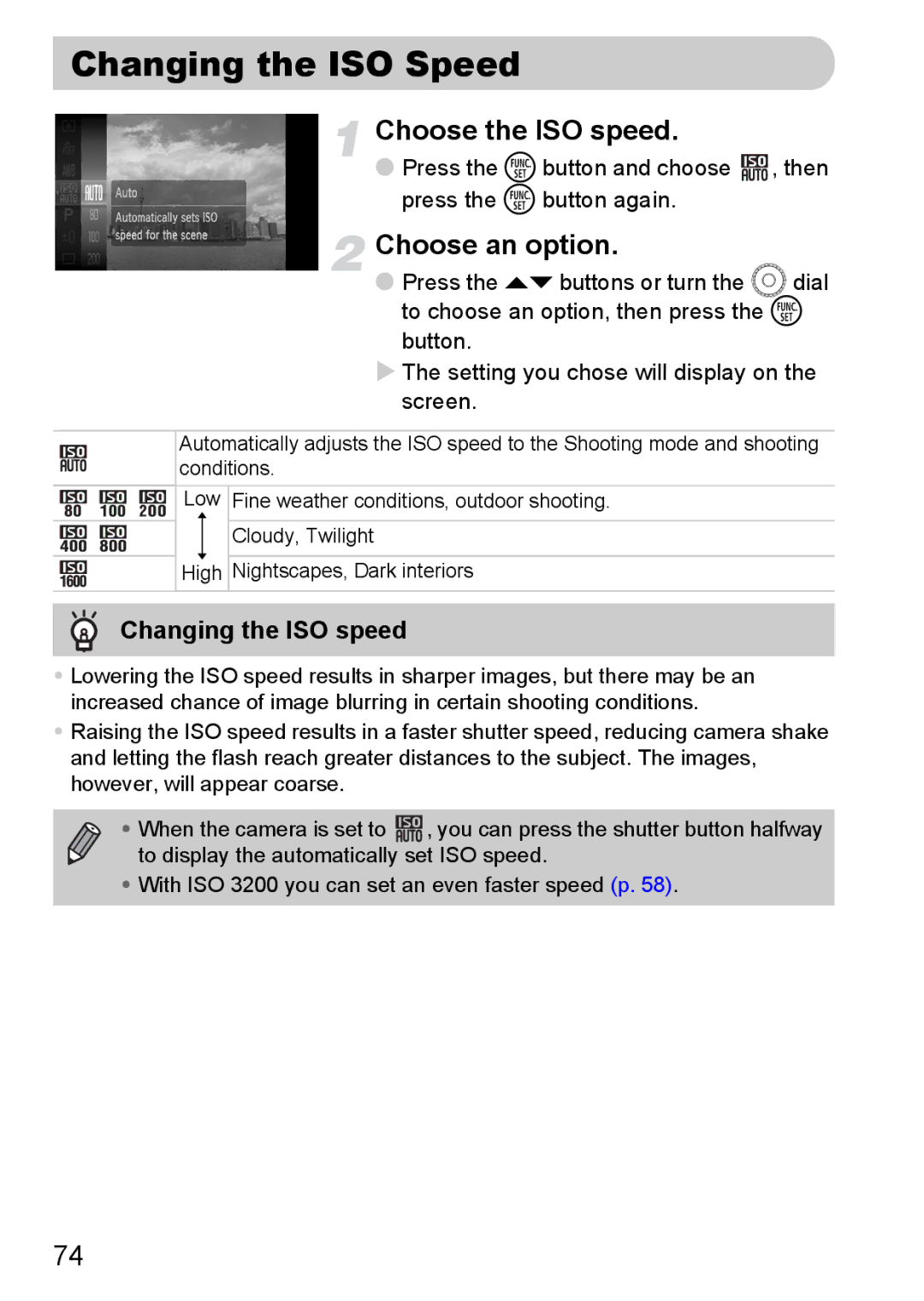 Canon 200 IS manual Changing the ISO Speed, Choose the ISO speed, Changing the ISO speed 