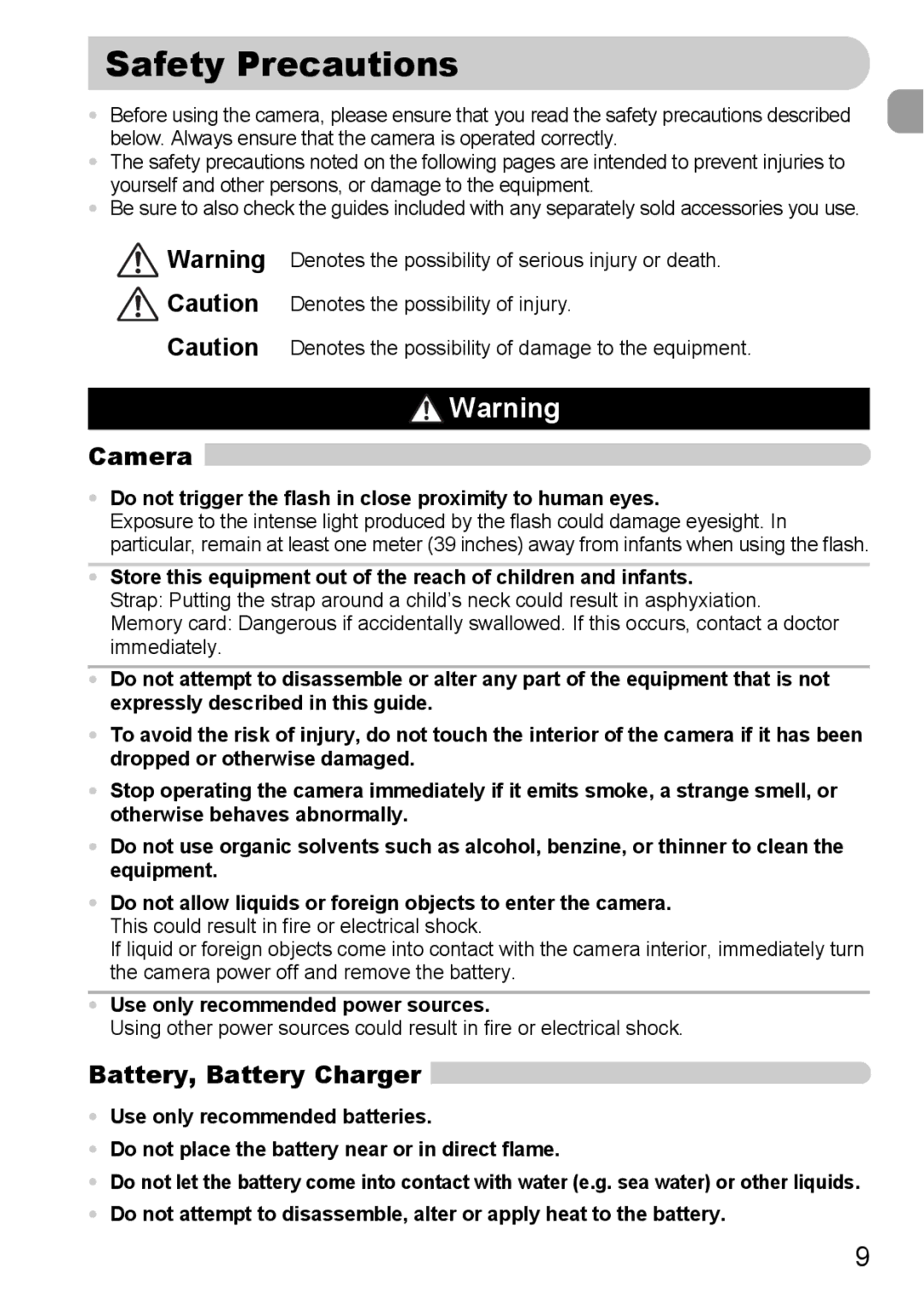 Canon 200 IS manual Safety Precautions, Camera, Battery, Battery Charger, Use only recommended power sources 