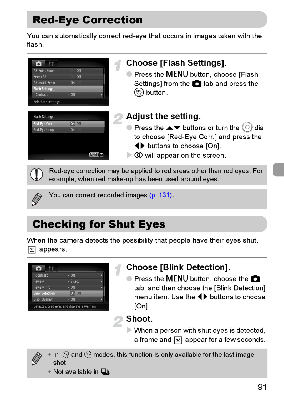 Canon 200 IS Red-Eye Correction, Checking for Shut Eyes, Choose Flash Settings, Adjust the setting, Choose Blink Detection 