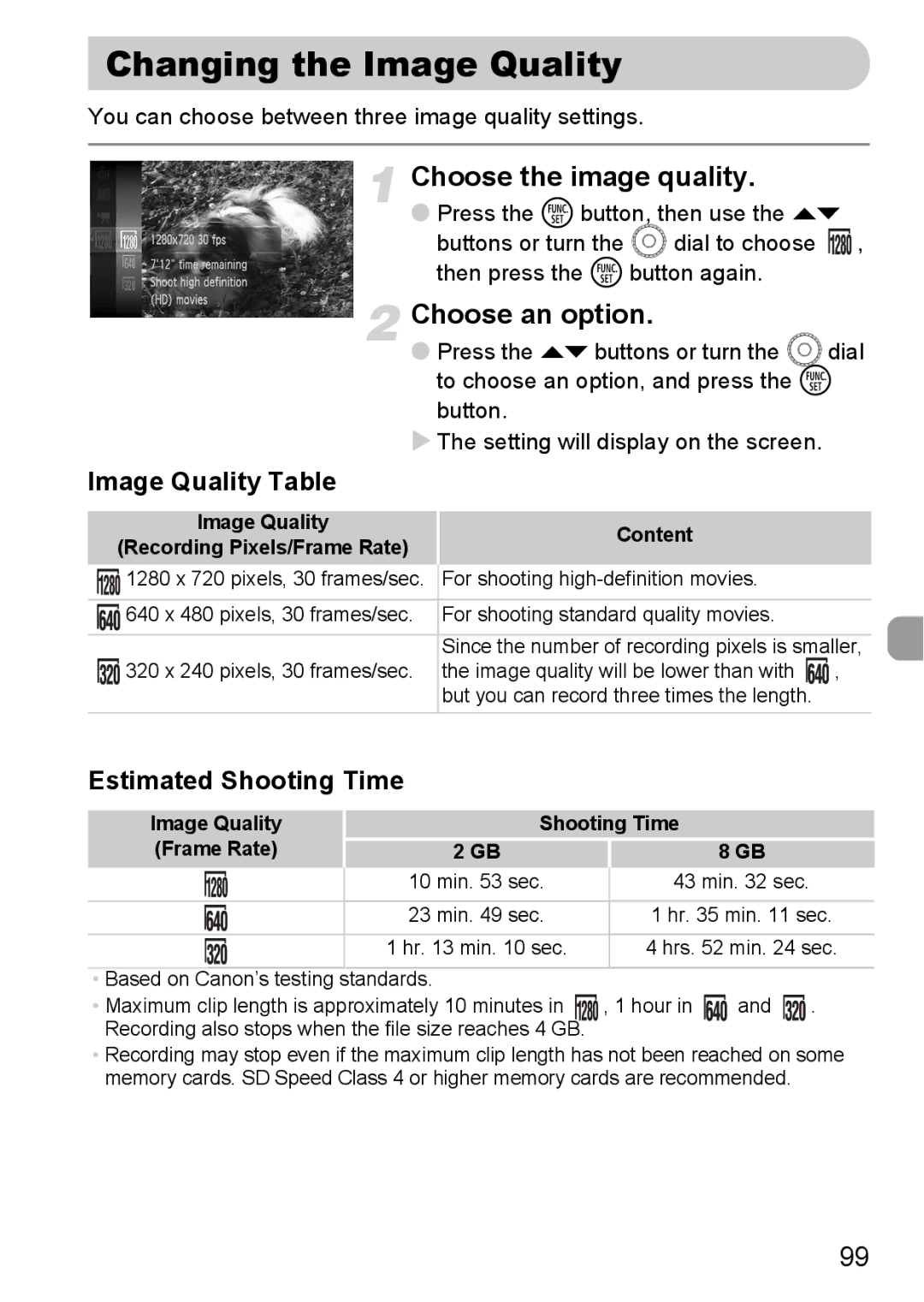 Canon 200 IS manual Changing the Image Quality, Image Quality Table, Estimated Shooting Time 