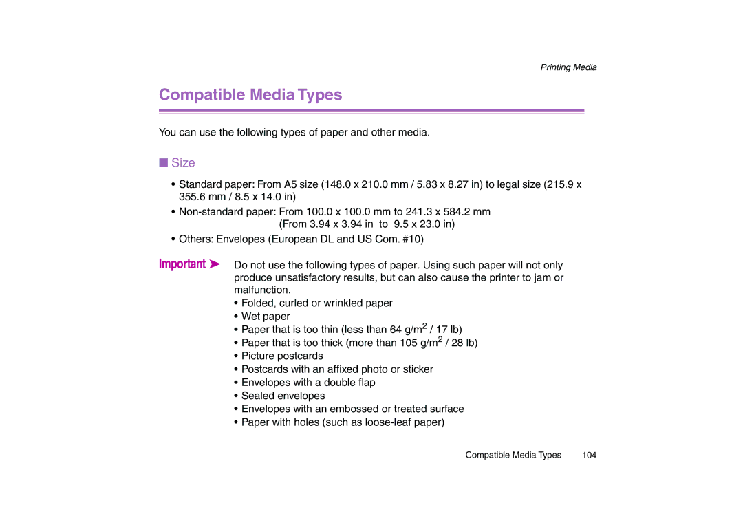 Canon 200 manual Compatible Media Types, Size 