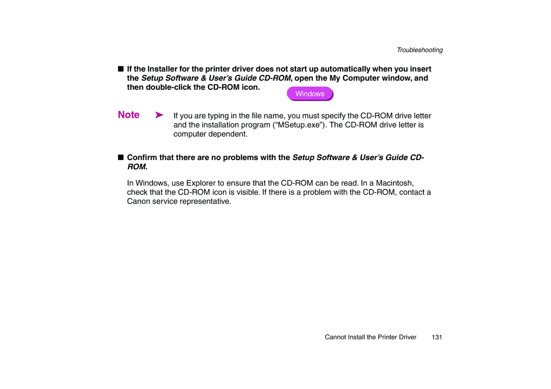 Canon 200 manual Installation program MSetup.exe. The CD-ROM drive letter is 