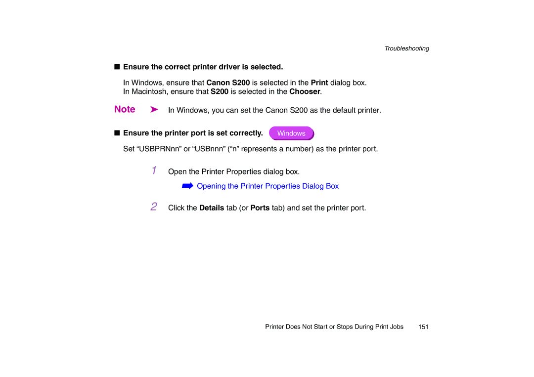 Canon 200 manual Ensure the correct printer driver is selected, Ensure the printer port is set correctly 