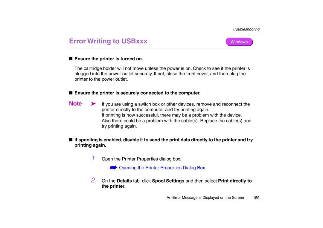 Canon 200 manual Error Writing to USBxxx, Ensure the printer is turned on 