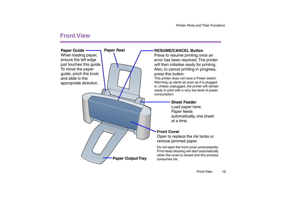 Canon 200 manual Front View, Paper Guide, Paper Rest Paper Output Tray, Front Cover 