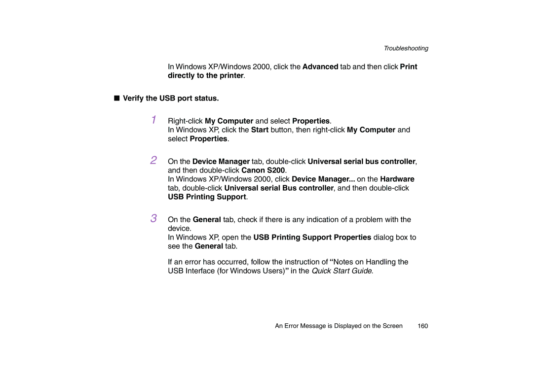 Canon 200 manual Verify the USB port status 