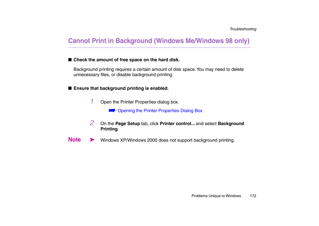 Canon 200 manual Cannot Print in Background Windows Me/Windows 98 only, Ensure that background printing is enabled 