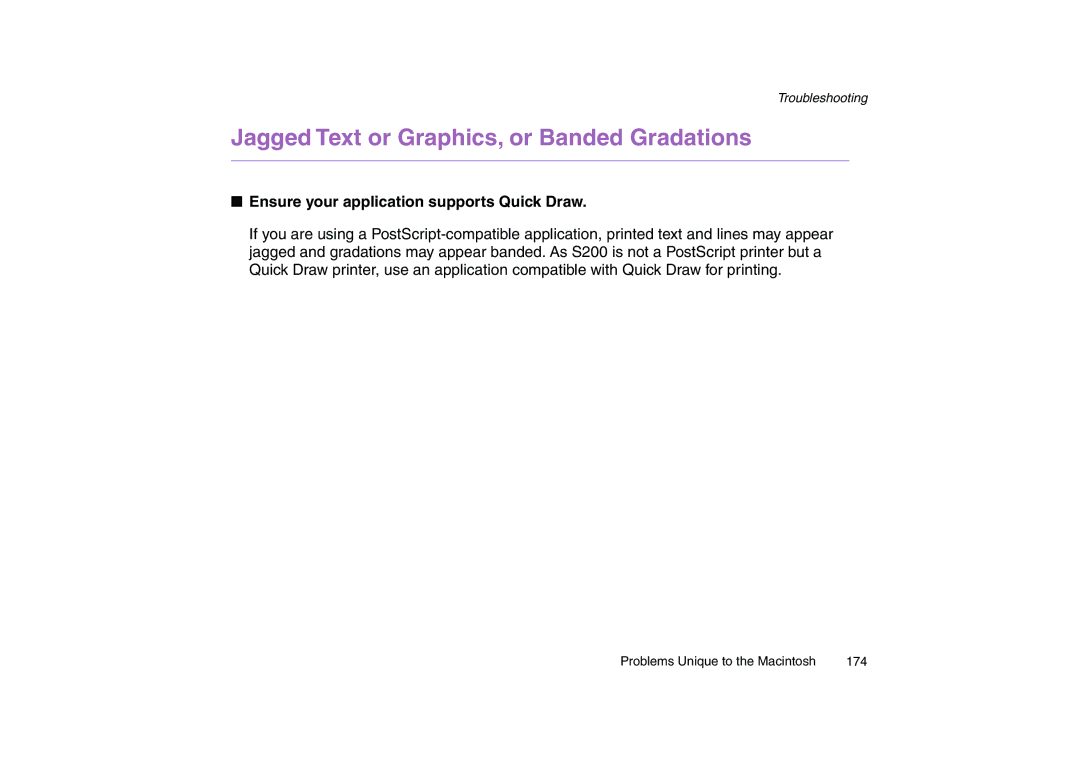 Canon 200 manual Jagged Text or Graphics, or Banded Gradations, Ensure your application supports Quick Draw 