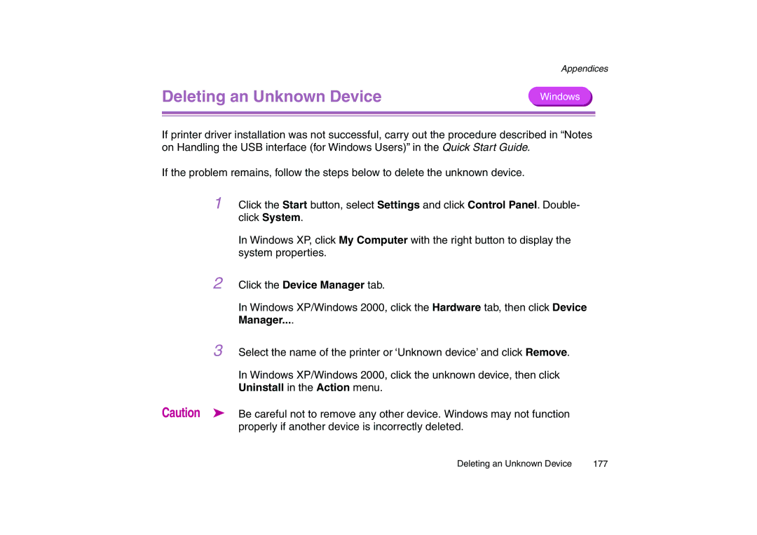 Canon 200 manual Deleting an Unknown Device, Click the Device Manager tab, Uninstall in the Action menu 