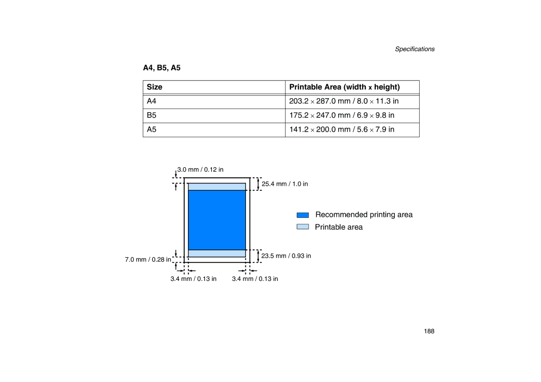 Canon 200 manual A4, B5, A5 Size Printable Area width x height 