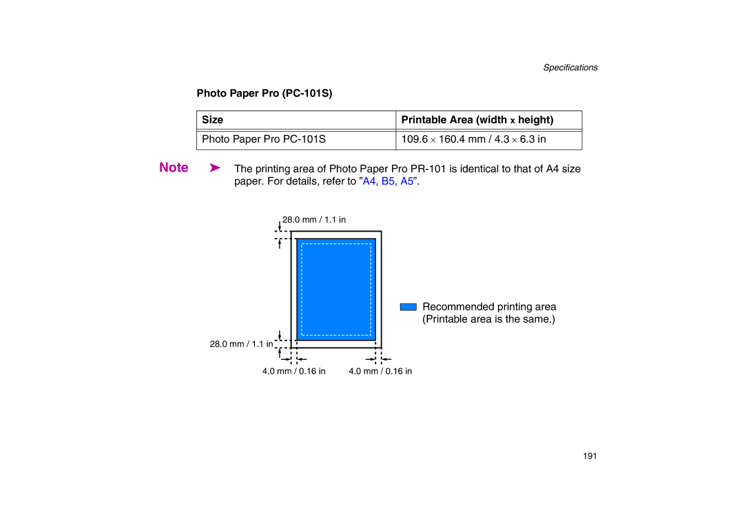 Canon 200 manual Photo Paper Pro PC-101S Size Printable Area width x height 