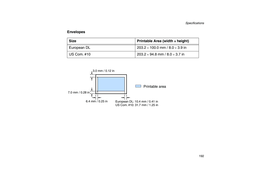 Canon 200 manual Envelopes Size Printable Area width x height 