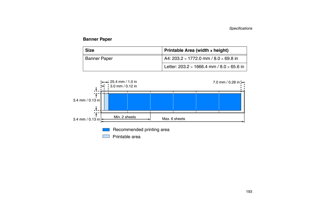 Canon 200 manual Banner Paper Size Printable Area width x height 