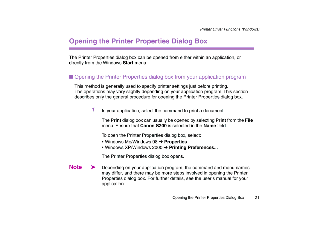 Canon 200 manual Opening the Printer Properties Dialog Box 