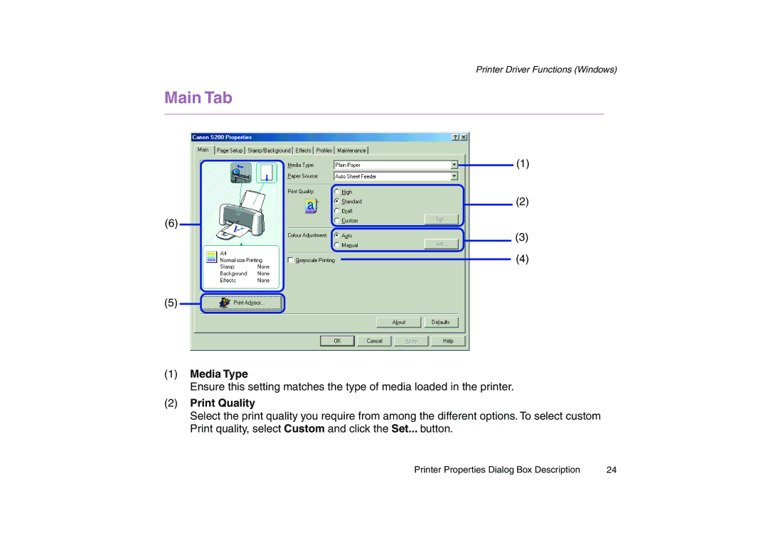 Canon 200 manual Main Tab, Media Type, Print Quality 