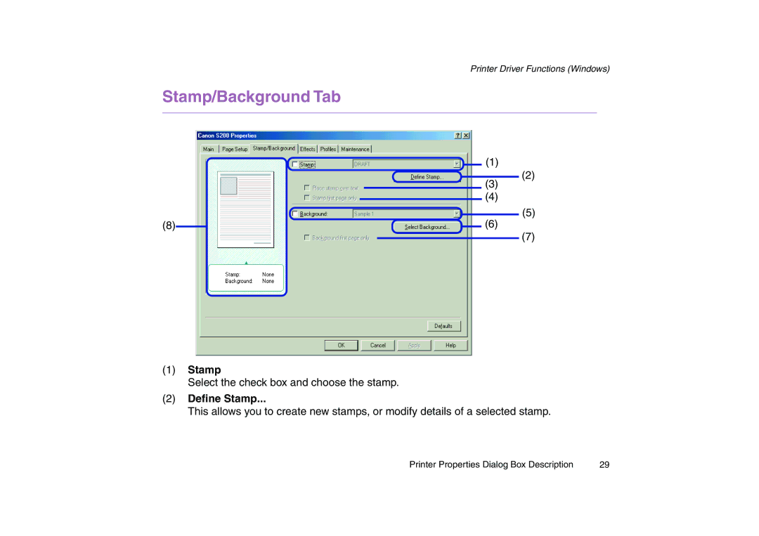 Canon 200 manual Stamp/Background Tab, Deﬁne Stamp 