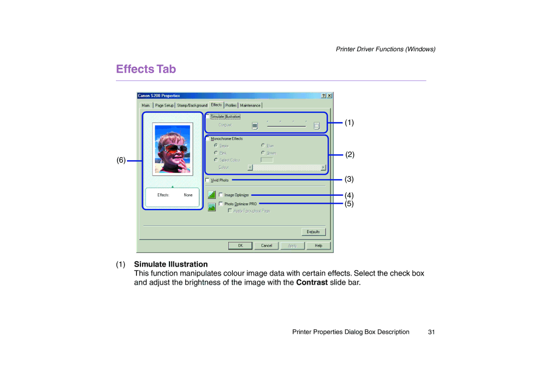 Canon 200 manual Effects Tab, Simulate Illustration 