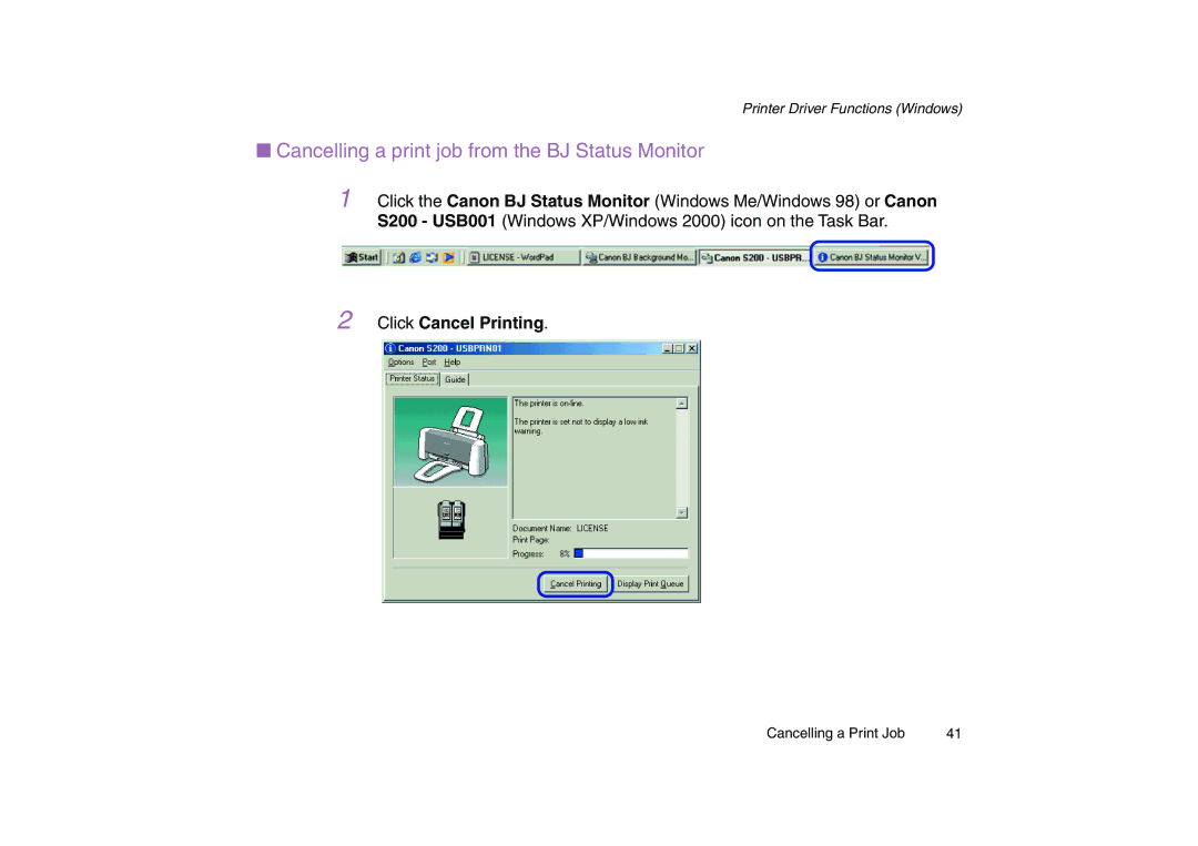 Canon 200 manual Cancelling a print job from the BJ Status Monitor, Click Cancel Printing 