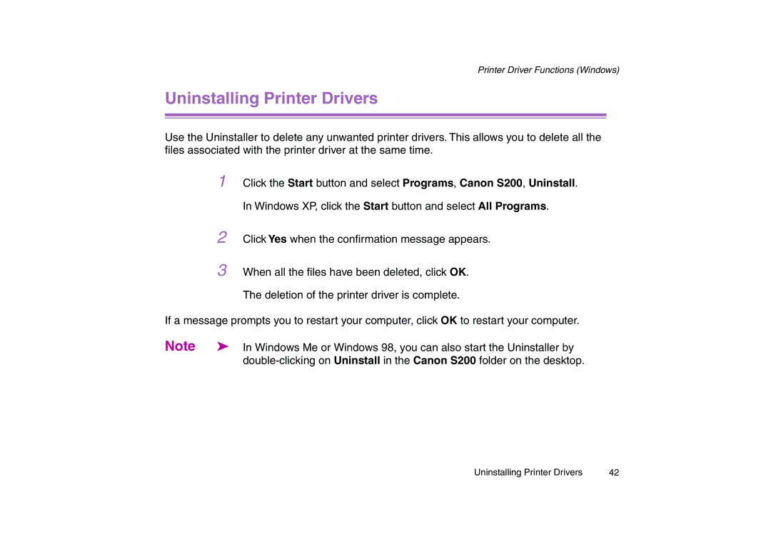 Canon 200 manual Uninstalling Printer Drivers 