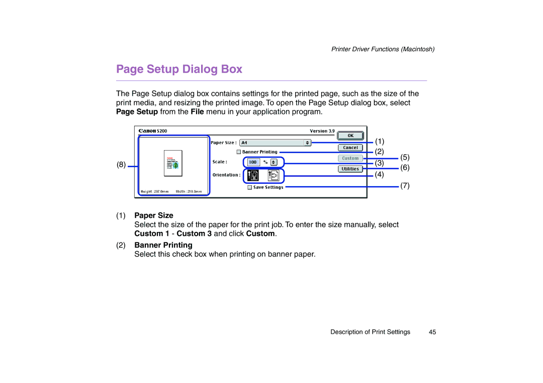 Canon 200 manual Setup Dialog Box, Paper Size, Banner Printing 