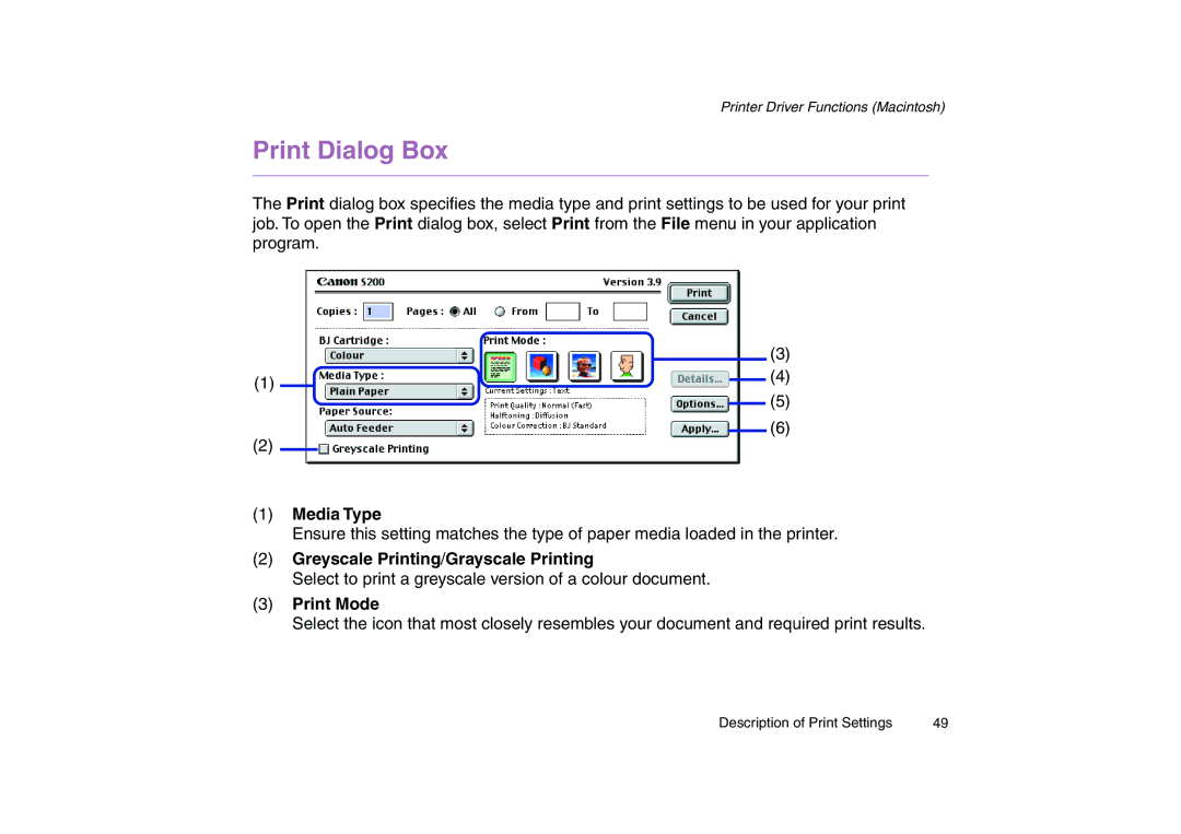 Canon 200 manual Print Dialog Box, Print Mode 