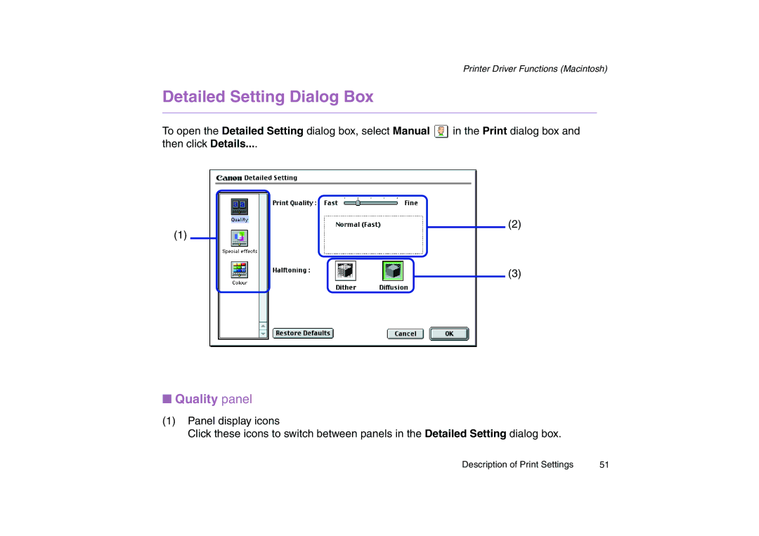 Canon 200 manual Detailed Setting Dialog Box, Quality panel 