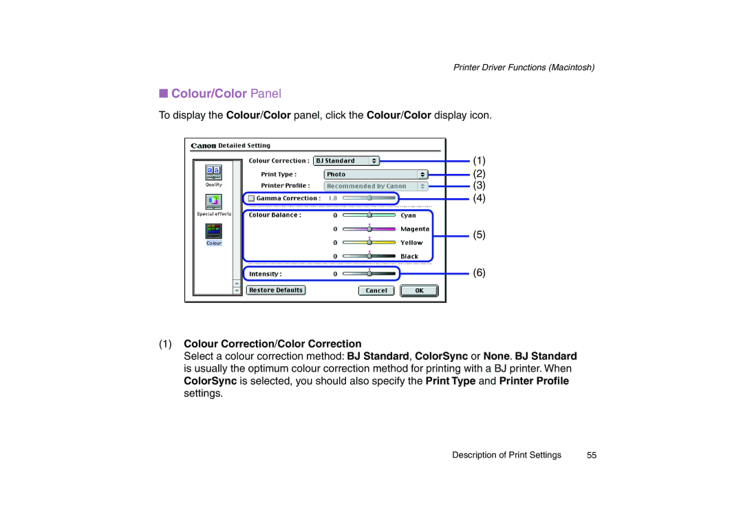 Canon 200 manual Colour/Color Panel, Colour Correction/Color Correction 