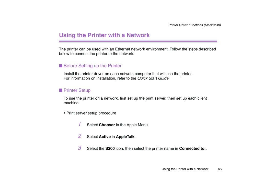 Canon 200 manual Using the Printer with a Network, Before Setting up the Printer, Printer Setup, Select Active in AppleTalk 