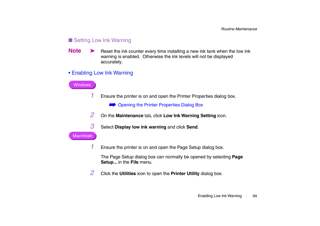 Canon 200 manual Setting Low Ink Warning, Enabling Low Ink Warning 