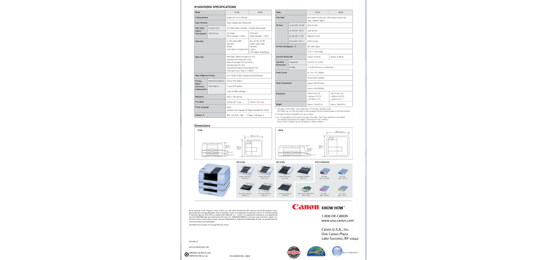 Canon 2000, 1000 specifications Canon U.S.A., Inc One Canon Plaza Lake Success, NY 