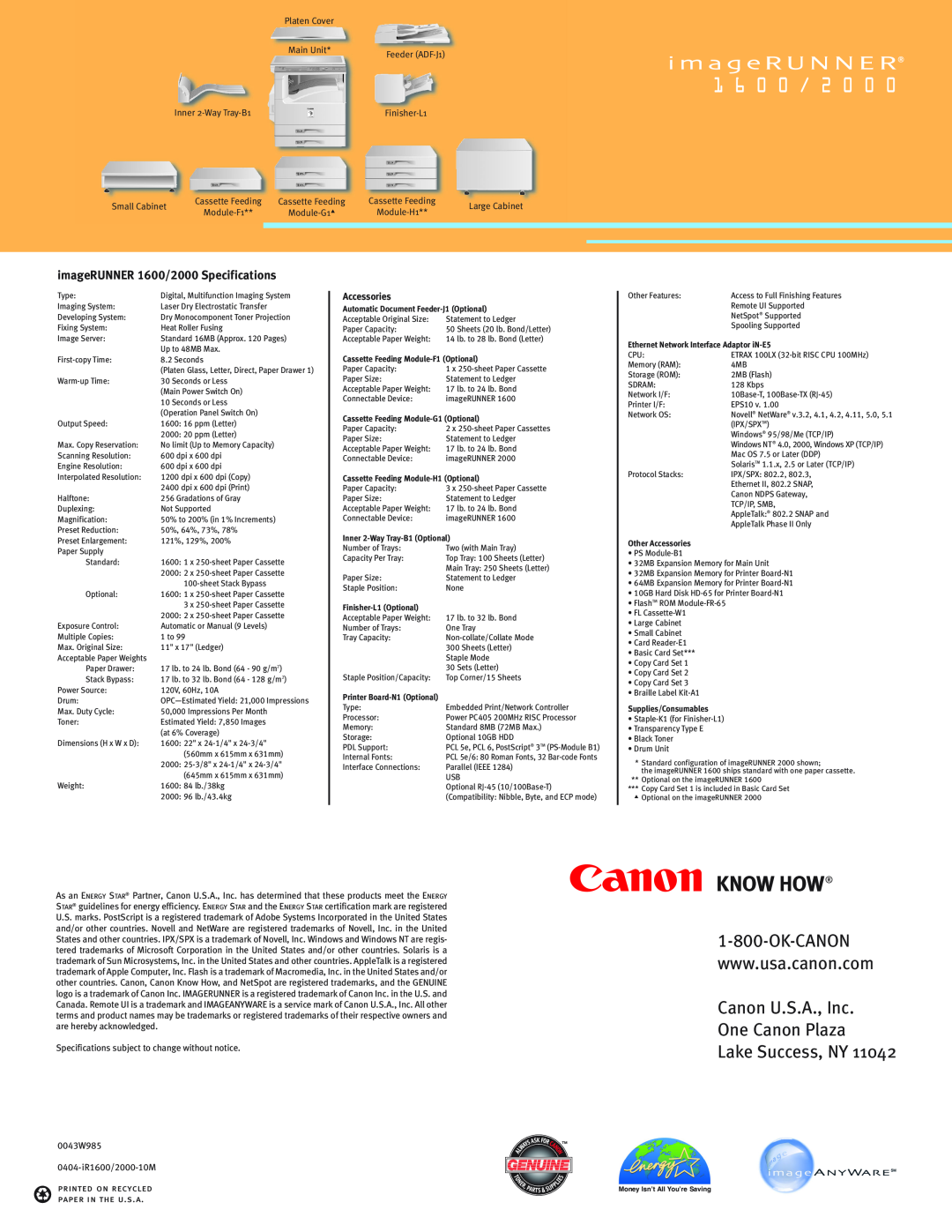 Canon Canon U.S.A., Inc One Canon Plaza Lake Success, NY, imageRUNNER 1600/2000 Specifications, Accessories, Main Unit 