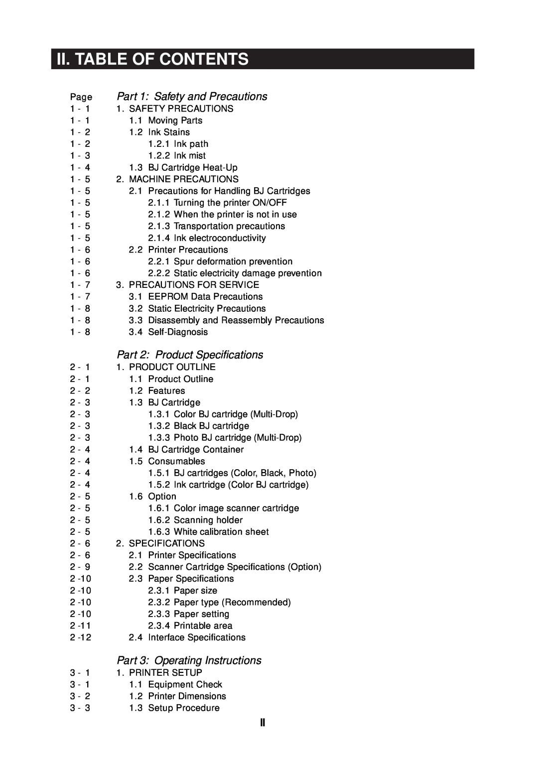 Canon 2000 manual Ii. Table Of Contents, Part 1 Safety and Precautions, Part 2 Product Specifications 
