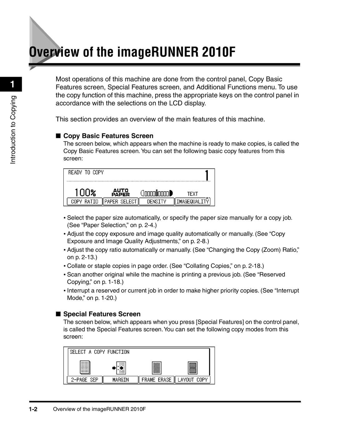 Canon manual Overview of the imageRUNNER 2010F, Copy Basic Features Screen, Special Features Screen 