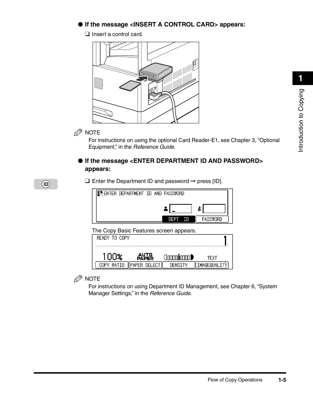 Canon 2010F manual If the message Insert a Control Card appears, If the message Enter Department ID and Password appears 