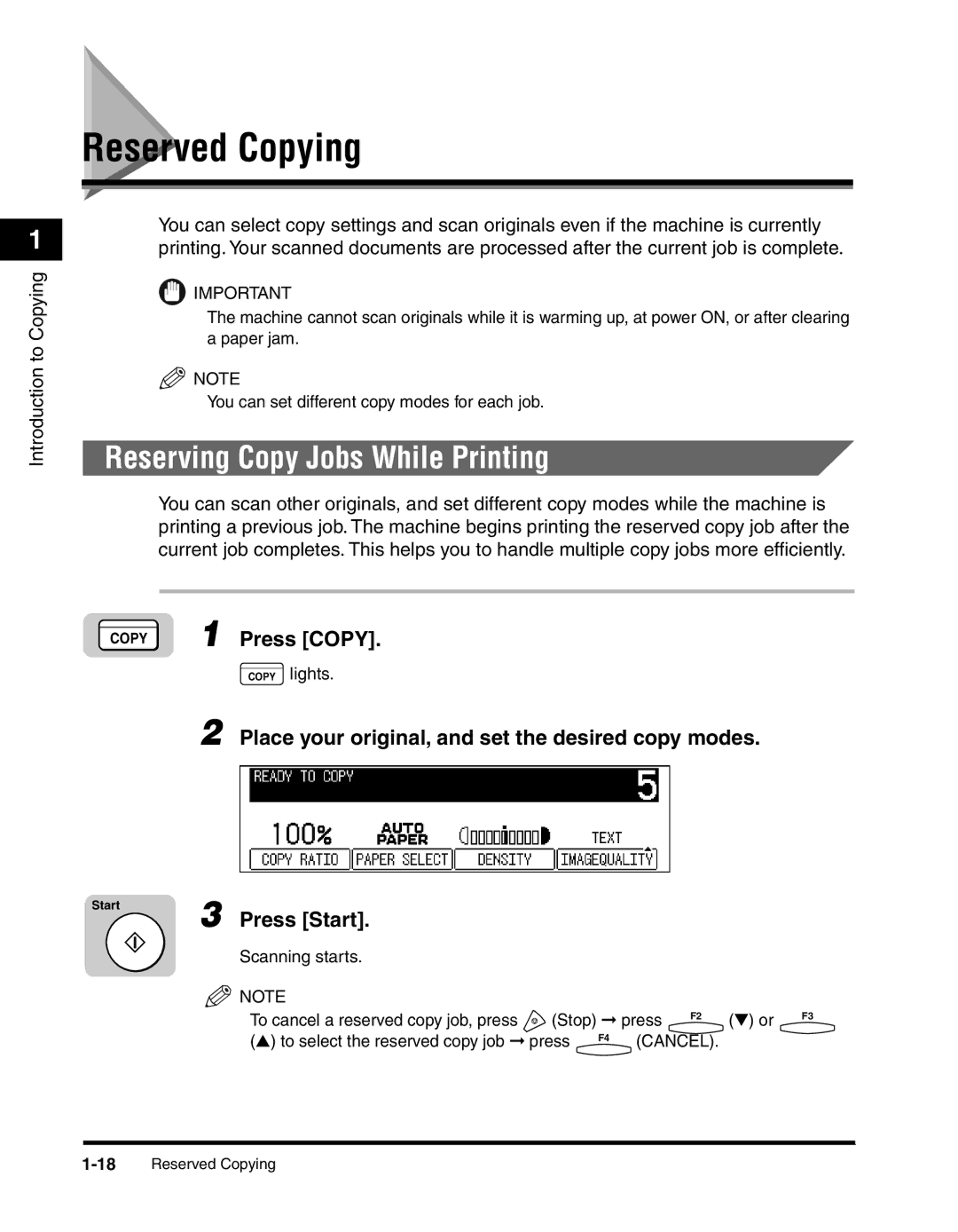 Canon 2010F Reserved Copying, Reserving Copy Jobs While Printing, Place your original, and set the desired copy modes 