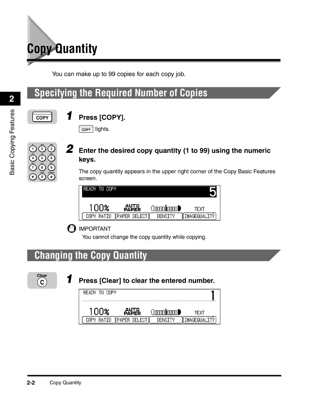 Canon 2010F manual Specifying the Required Number of Copies, Changing the Copy Quantity 