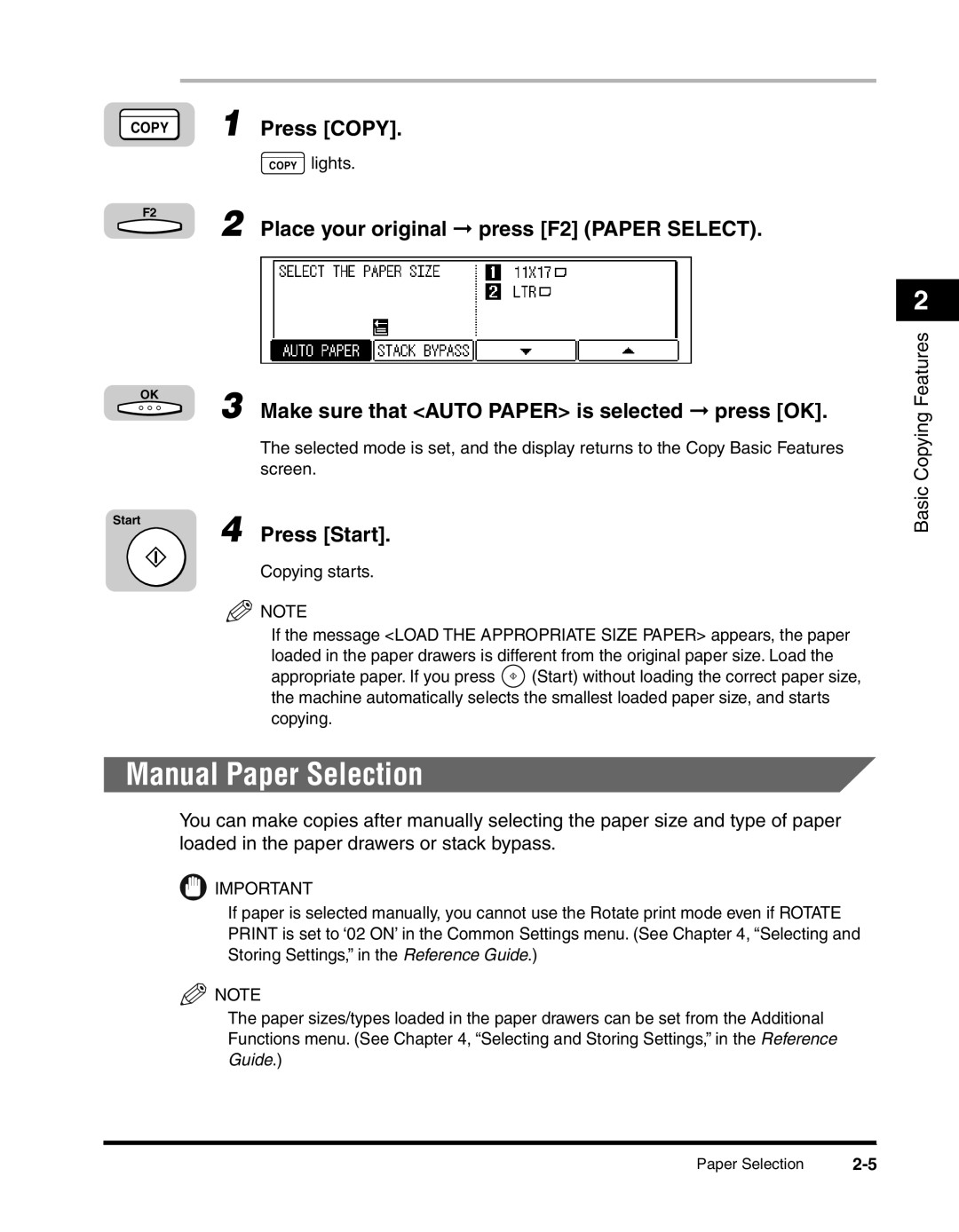 Canon 2010F manual Manual Paper Selection, Make sure that Auto Paper is selected press OK 